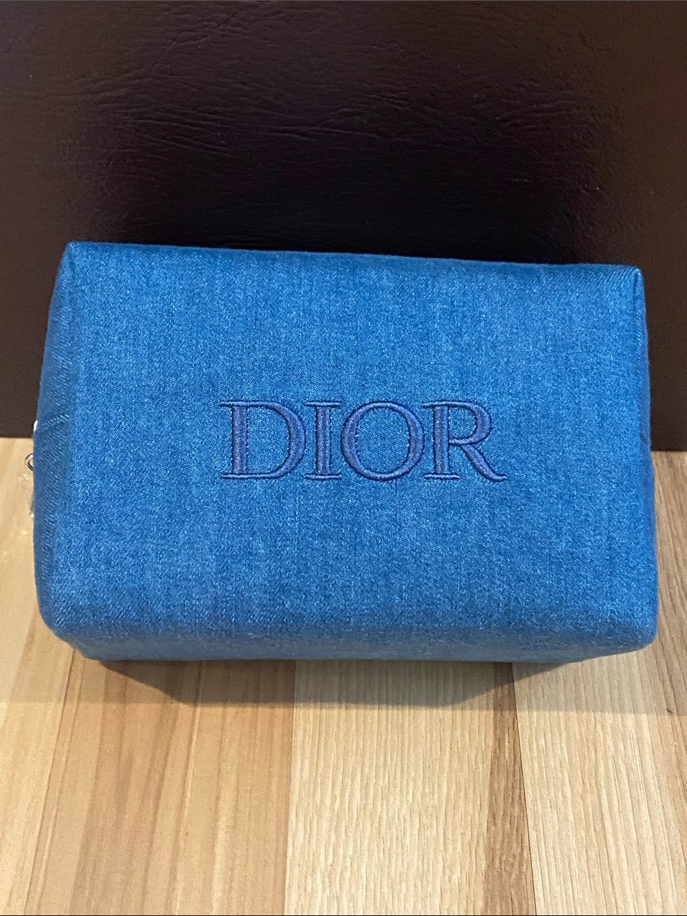 Dior Blue Denim Cosmetic Pouch with Embroidered Logo NWOT